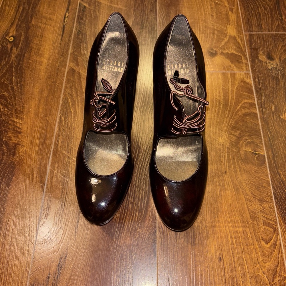 Stuart Weitzman Burgundy Patent Mary Jane Heels with Lace-Up Detail
